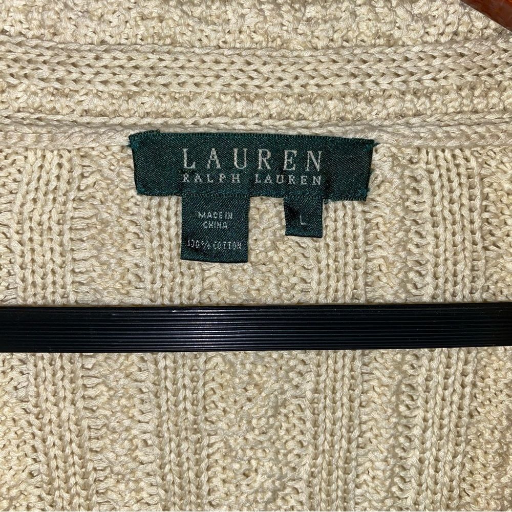 VTG LRL Surplice V-Neck Long Sleeve Ivory Scalloped Fisherman Cable Knit Sweater - Picture 5 of 6